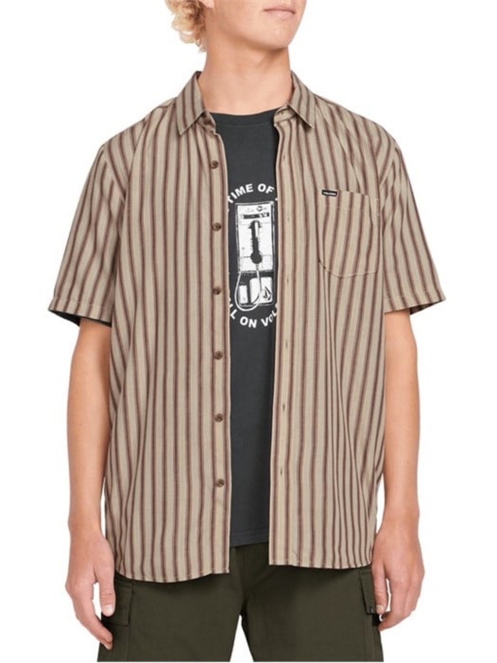 Volcom Brown and Beige Stripe Short-Sleeve Button Shirt